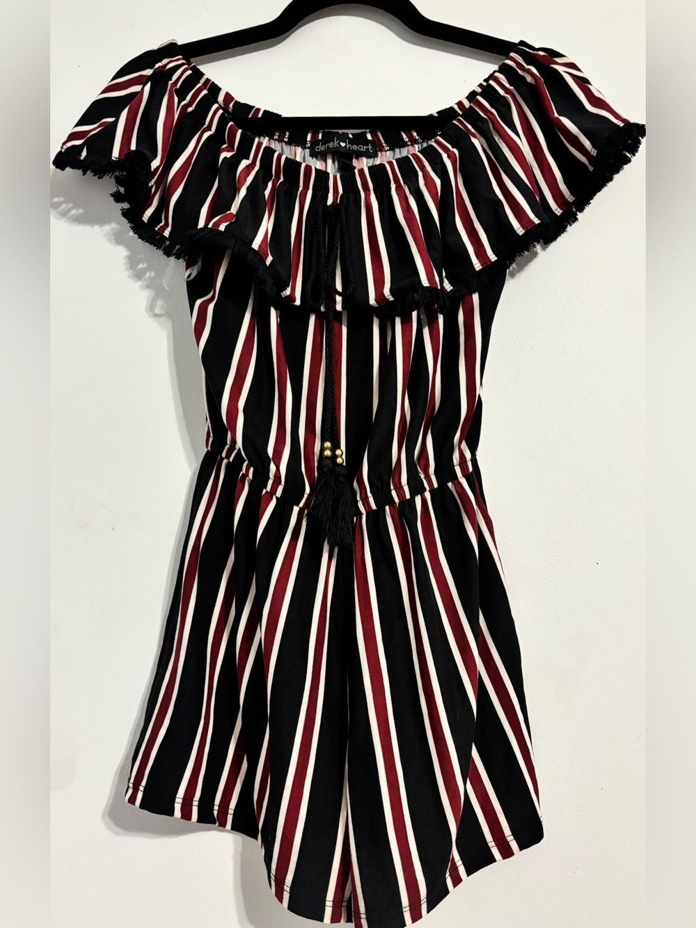 Derek Heart Black, White & Burgundy Off-Shoulder Striped Romper